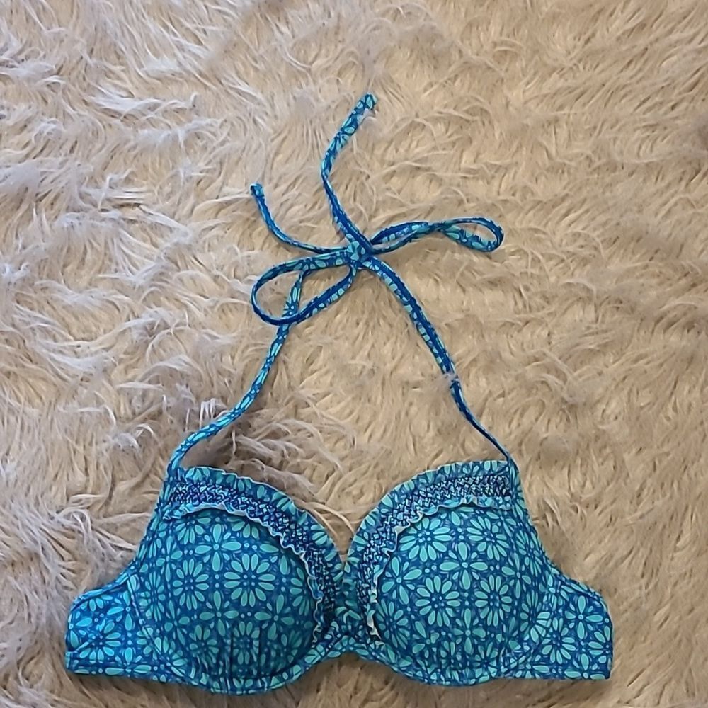 Aerie womens perkier pushup halter style teal and blue floral swim suit top